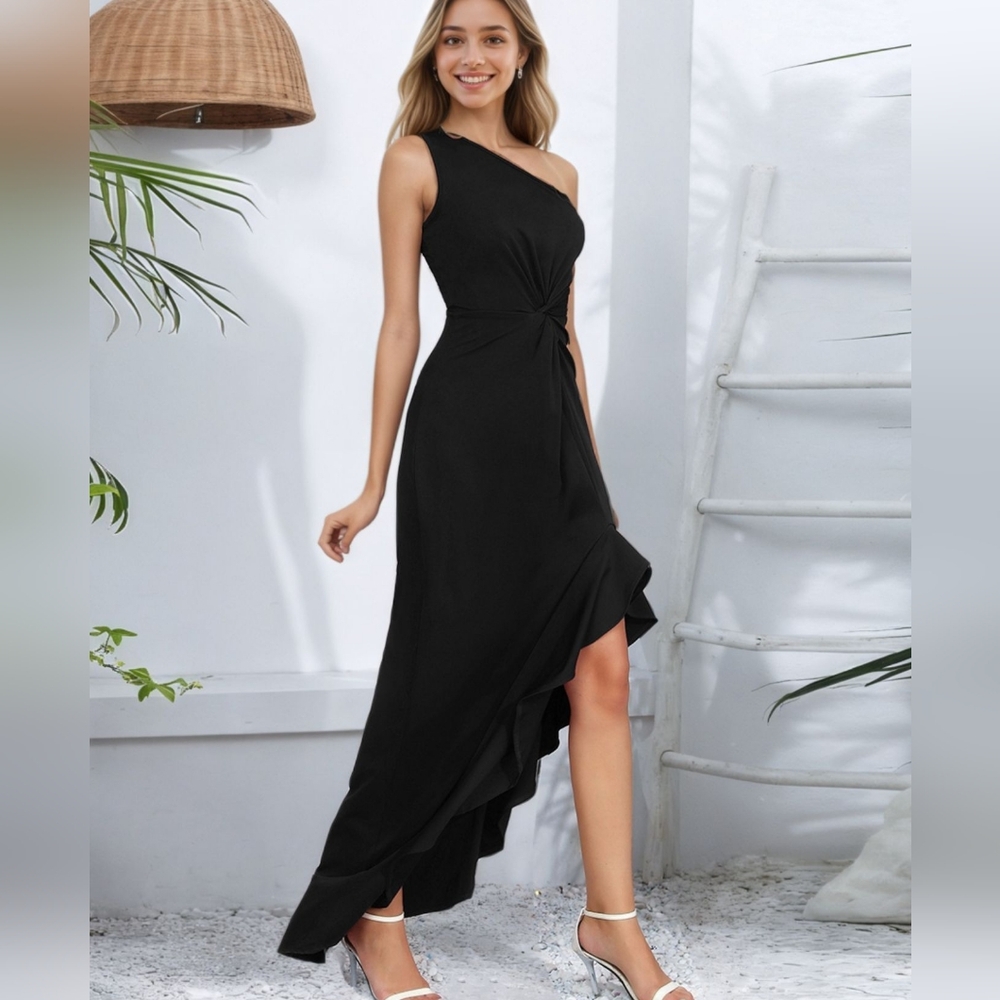 One-Shoulder Black Ruffle Hem Evening Dress - Picture 7 of 10